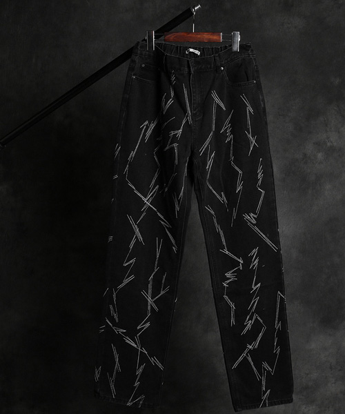 P-12614<br>zigzag black denim pants