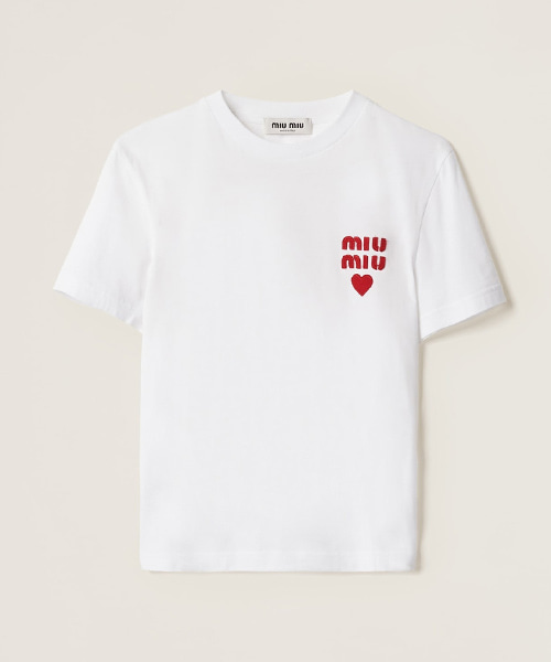 T-30093<br><b>MIU MIU</b><br>하트 로고 자수 패치 코튼 티셔츠</b><br>[매장가-100만원대]