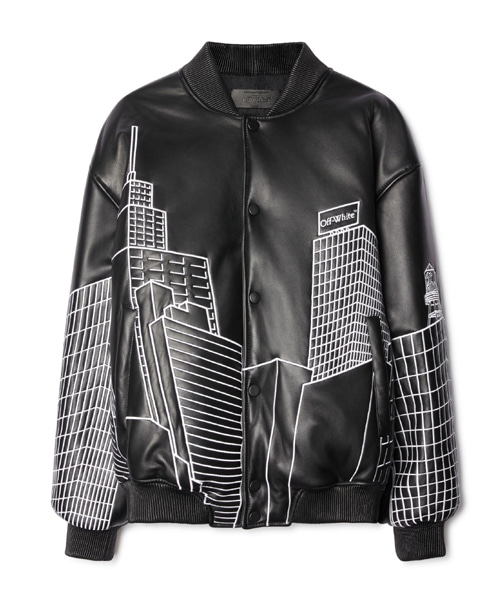 JK-23432<br><b>OFF-WHITE</b><br>스카이라인 가죽 바시티 자켓</b><br>[매장가-500만원대]