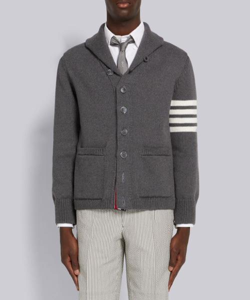 JK-24039<br><b>THOM BROWNE</b><br>미디엄 그레이 저지 스티치 코튼 4-바 숄 칼라 가디건</b><br>[매장가-300만원대]