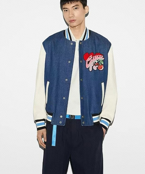 JK-23908<br><b>GUCCI</b><br>체리 패치 데님 & 가죽 블루종 자켓</b><br>[매장가-500만원대]