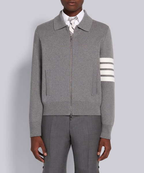 JK-24141<br><b>THOM BROWNE</b><br>라이트 그레이 코튼 크레이프 밀라노 스티치 4-바 집업 보머 재킷</b><br>[매장가-300만원대]