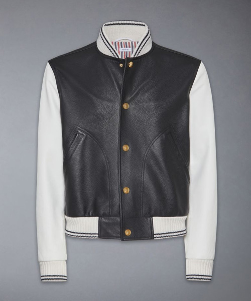 JK-24195<br><b>THOM BROWNE</b><br>램 그레인 레더 콘트라스트 탑 스티칭 블루종 재킷</b><br>[매장가-750만원대]