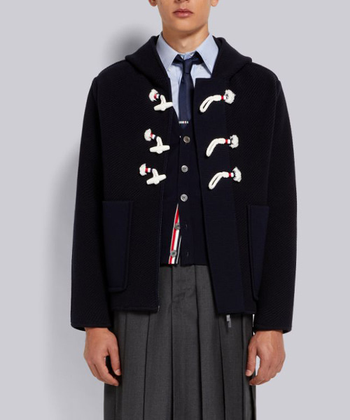 JK-24474<br><b>THOM BROWNE</b><br>네이비 트윌 스티치 센터백 스트라이프 후드 더플 재킷</b><br>[매장가-400만원대]