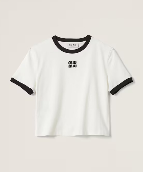 T-31844<br><b>MIU MIU</b><br>엠브로이더드 로고 코튼 저지 티셔츠</b><br>[매장가-100만원대]