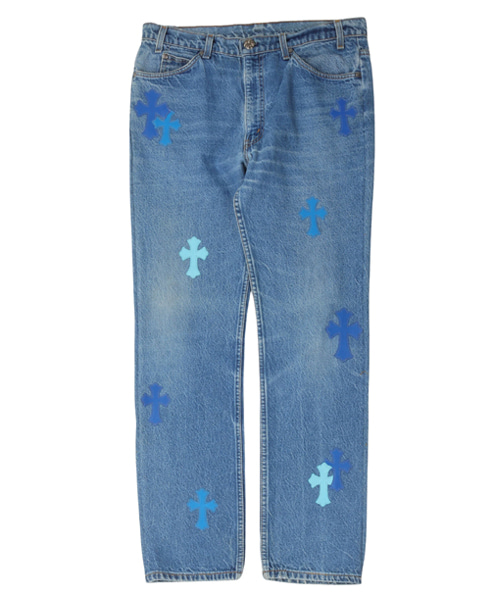 P-16547<br><b>CHROME HEARTS</b><br>가죽 크로스 패치 데님 팬츠</b><br>[매장가-1400만원대]