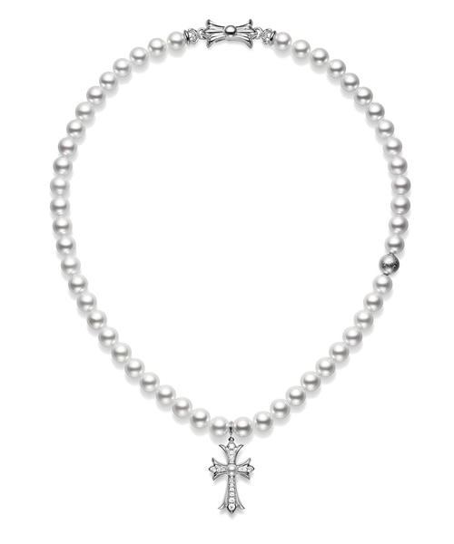 A-45653<br><b>CHROME HEARTS</b><br>미키모토 18K 화이트 골드 크로스 아코요 진주 네크리스</b><br>[매장가-7000만원대]